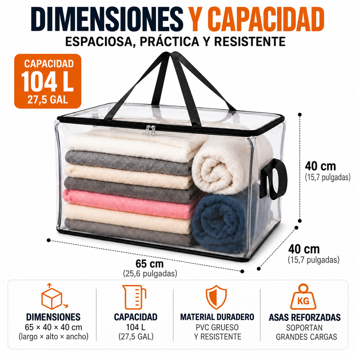 Caja organizadora de 104 litros y 65 × 40 × 40 cm, con asas reforzadas y PVC resistente.