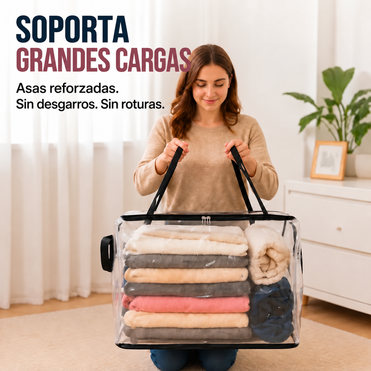 Caja organizadora transparente con asas reforzadas para transportar grandes cargas.