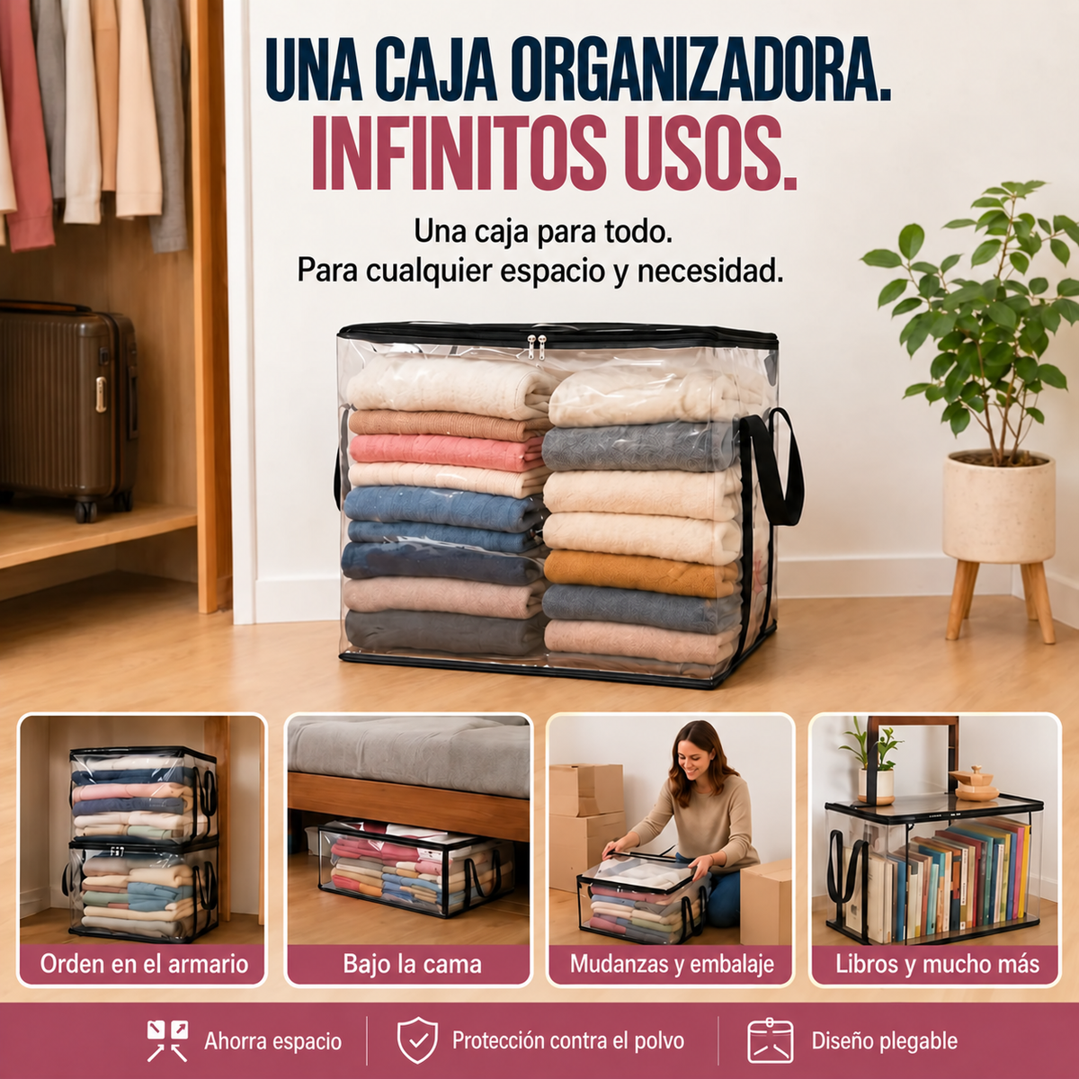 Caja organizadora plegable para el armario, bajo la cama, mudanzas, libros y otros usos.